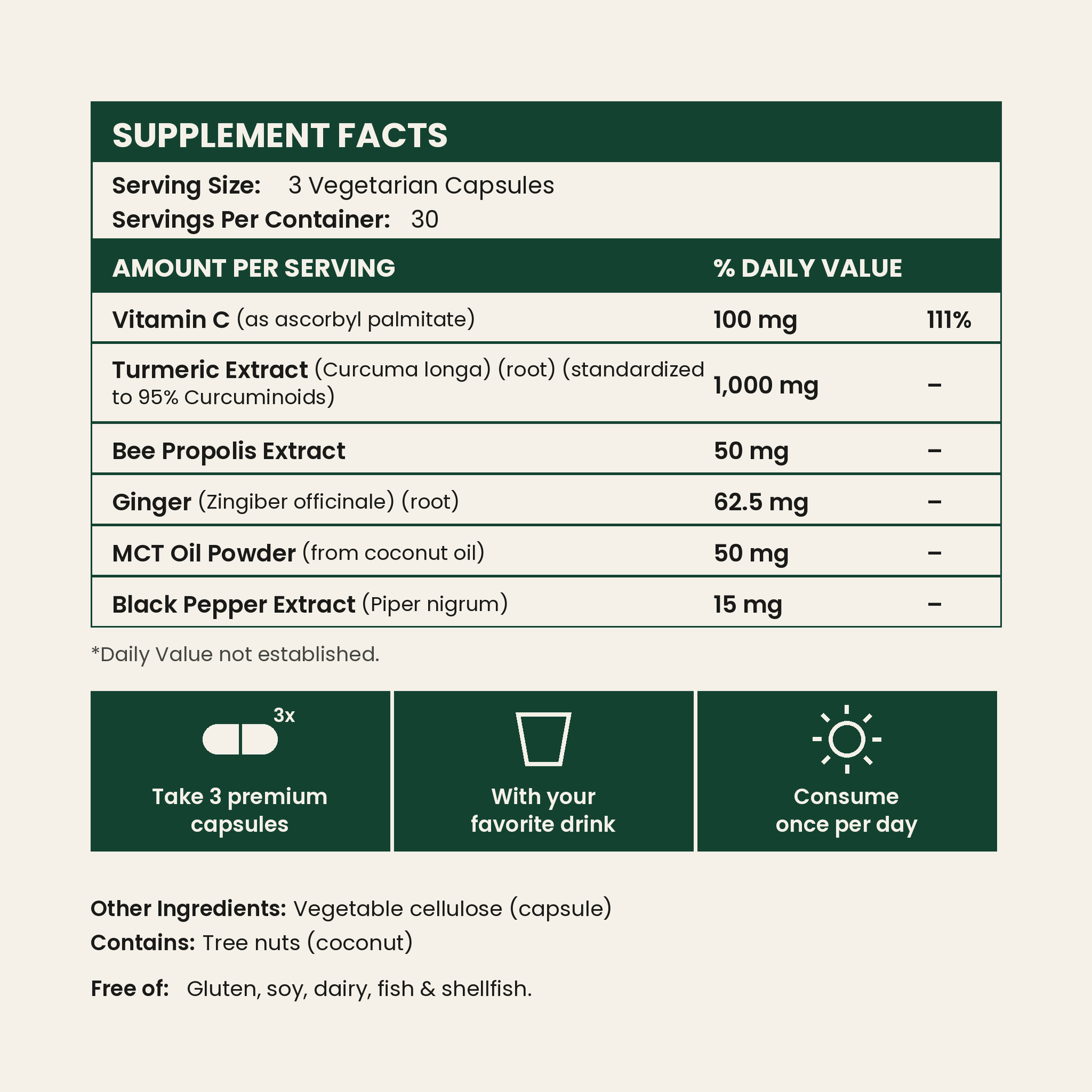 Supplement Facts panel — serving size 3 capsules, 30 servings