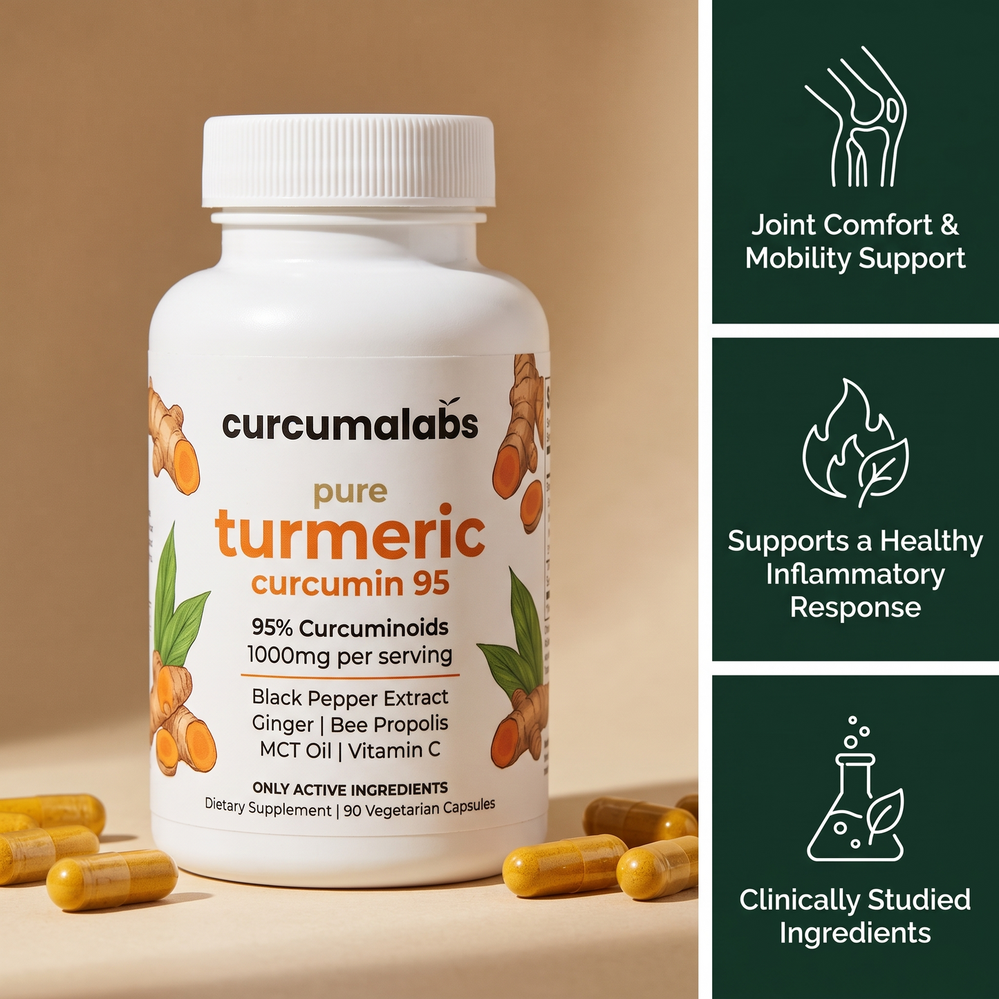 Curcumalabs turmeric bottle with key benefits: joint comfort, healthy inflammatory response, clinically studied ingredients