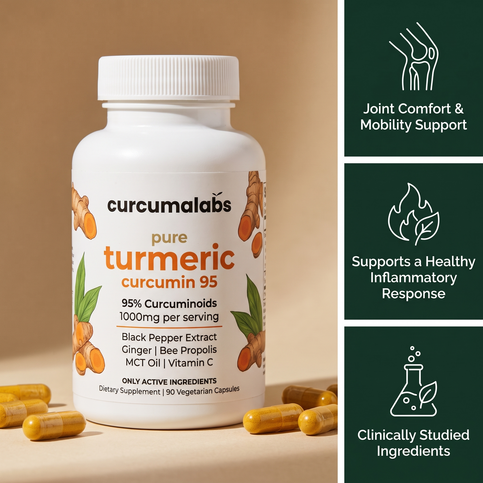 Curcumalabs turmeric bottle with key benefits: joint comfort, healthy inflammatory response, clinically studied ingredients