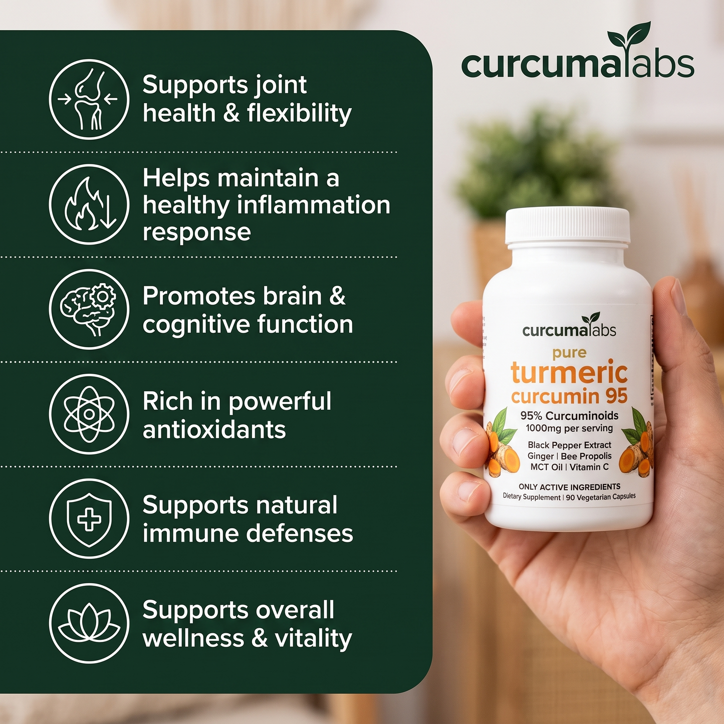 Hand holding Curcumalabs turmeric bottle with six benefit checklist