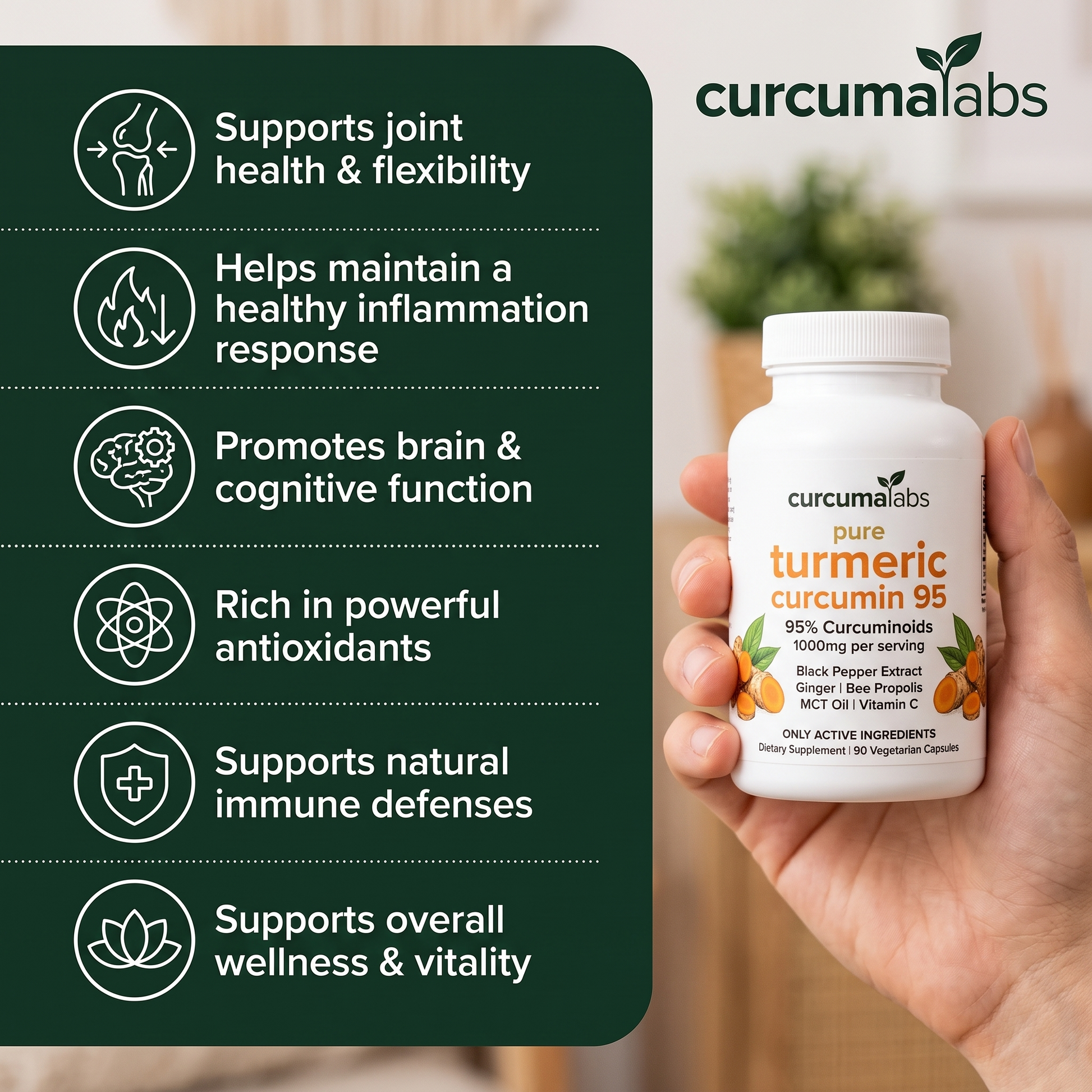 Hand holding Curcumalabs turmeric bottle with six benefit checklist